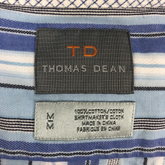 Thomas Dean Men's Blue Striped Button Down Dress Shirt Medium 100% Cotton - Picture 10 of 10